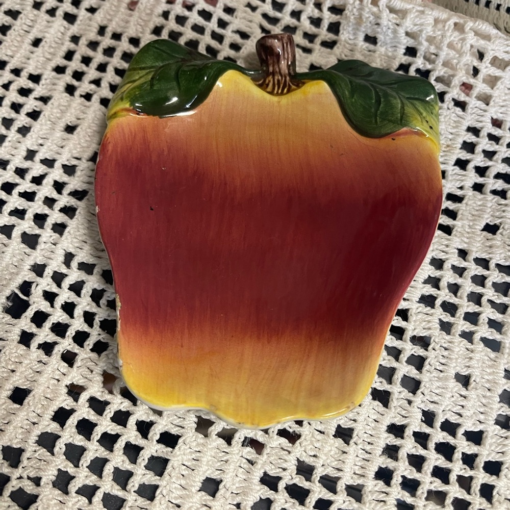 Ceramic Apple Trinket Dish in Red and Yellow with Green Leaf